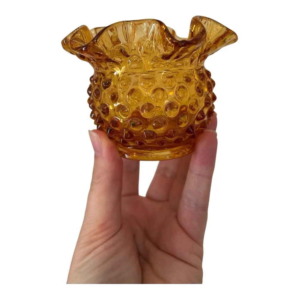 Vintage FENTON Amber Glass Hobnail Vase Bowl Double Crimped Ruffle Rim Lot of 2